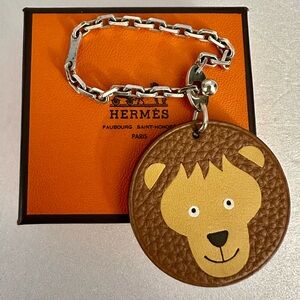 HERMES Lion leather bag charm silver chain with box FRANCE